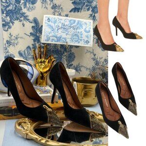 🆕 KURT GEIGER LONDON 🧿 NWOB Zip Court Heel, Black Suede & Gold Crystal Sz 37 7